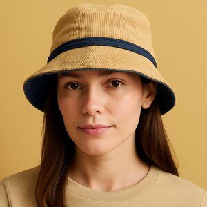 Vintage Tan Corduroy Bucket Hat One Size Beige Blue Denim Brim Y2K Retro Street